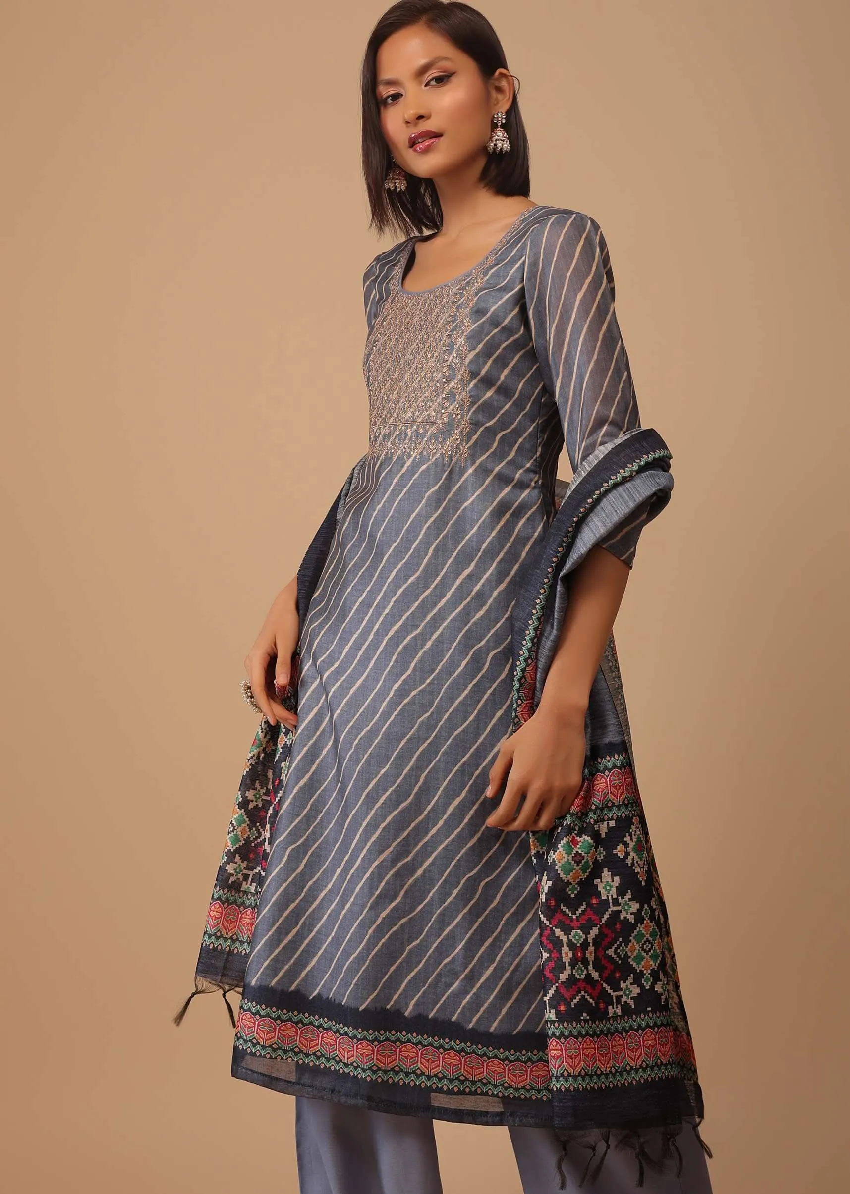 Airforce Blue Embroidered Leheriya Printed Chanderi Palazzo Suit With Printed Dupatta