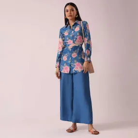 Blue Raw Silk Floral Print Kurta co ord set