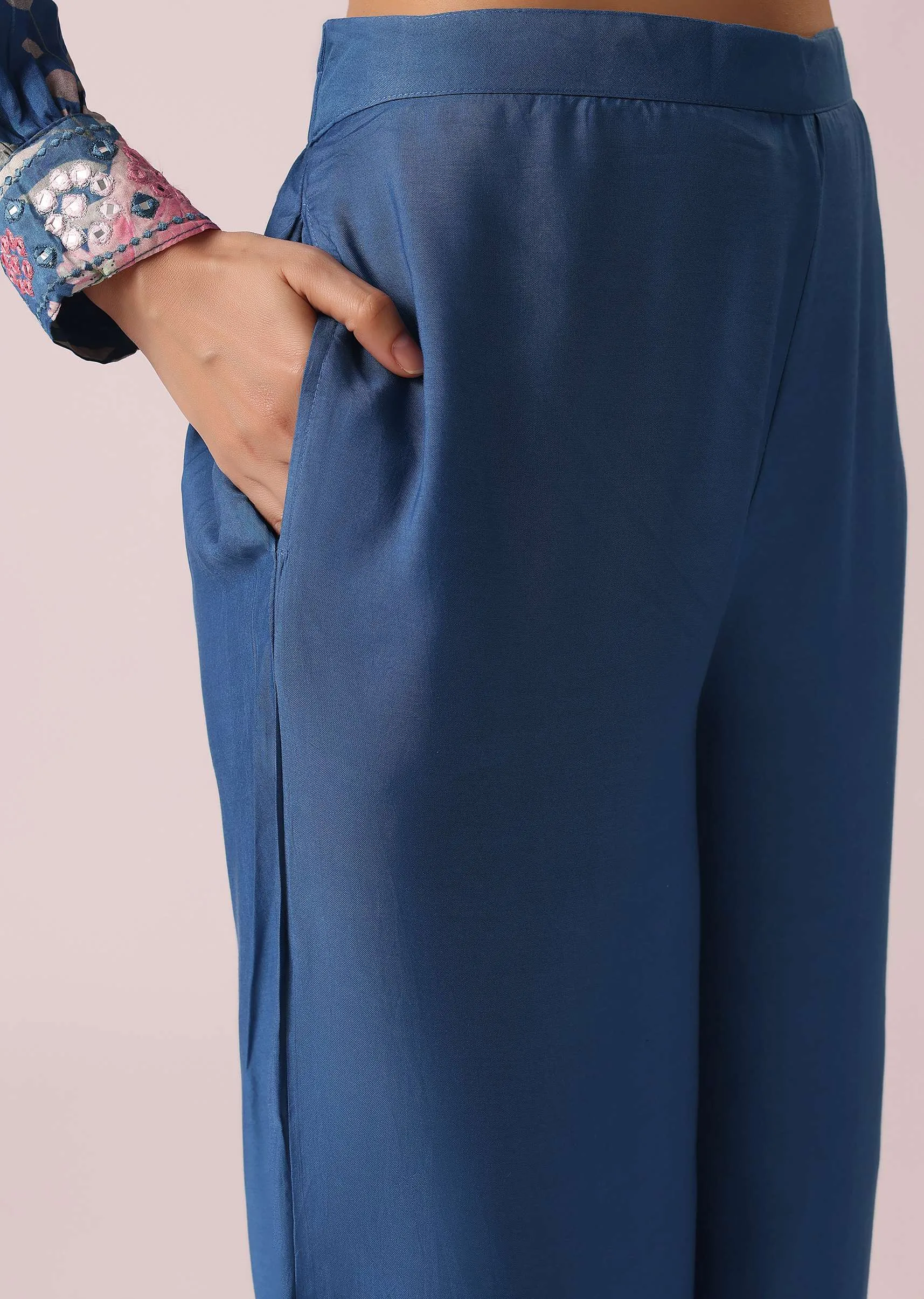 Blue Raw Silk Floral Print Kurta co ord set