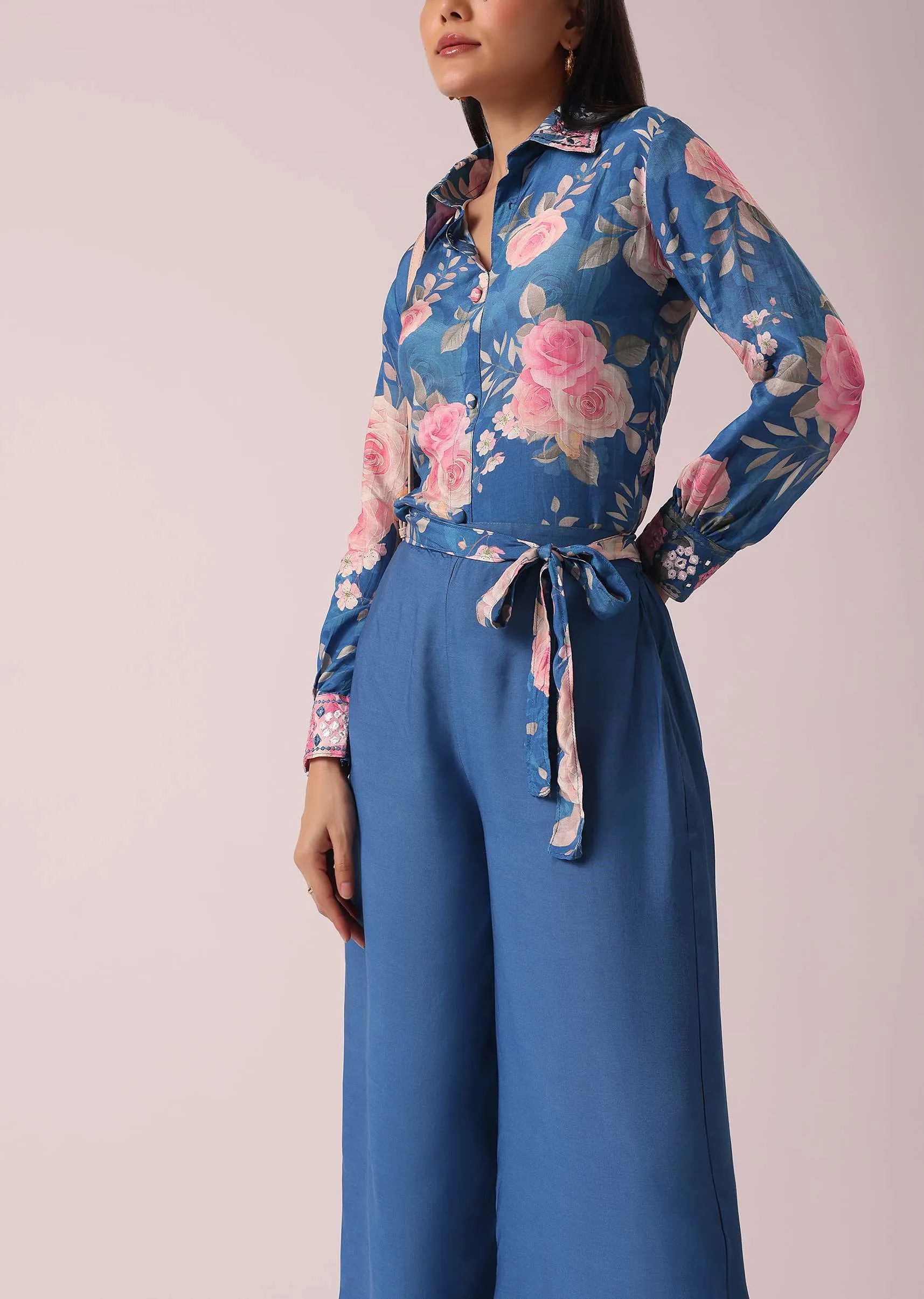 Blue Raw Silk Floral Print Kurta co ord set