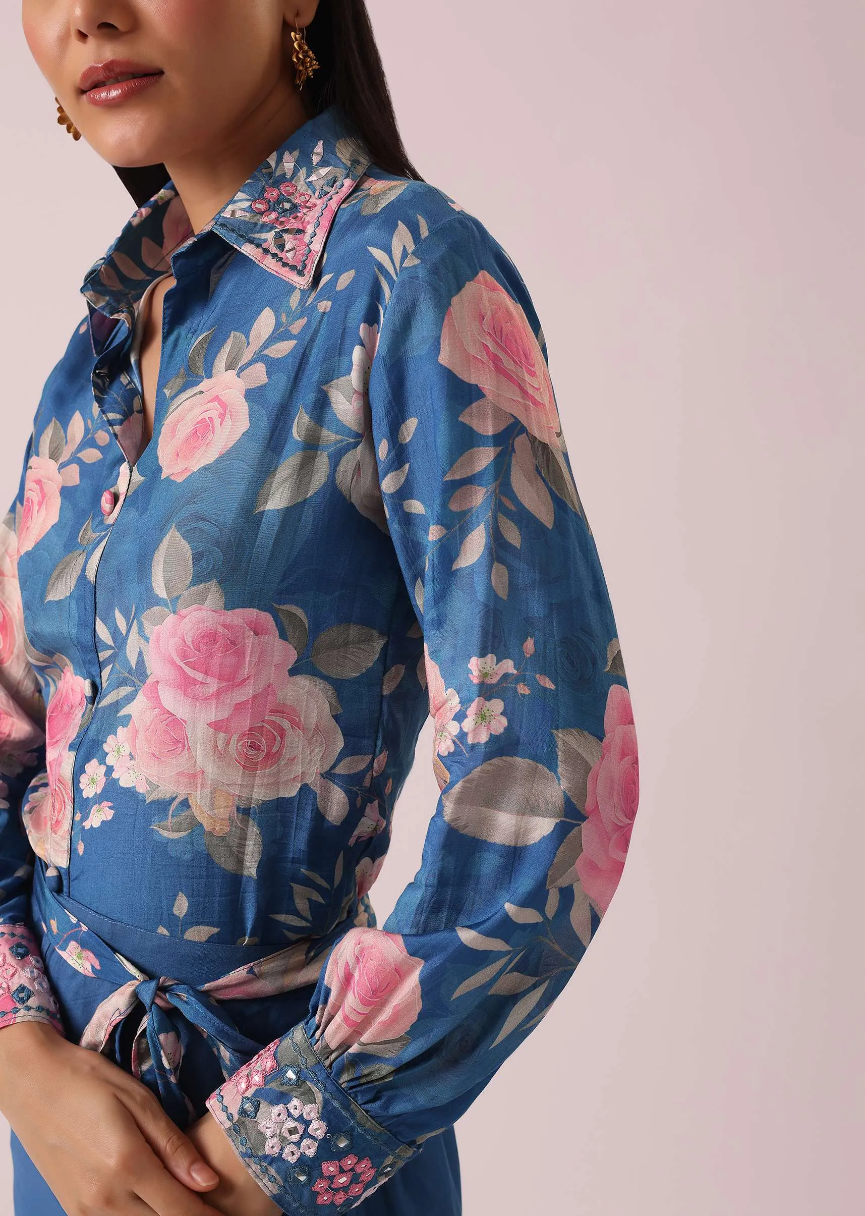 Blue Raw Silk Floral Print Kurta co ord set