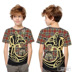 Buchanan Old Dress Tartan Kid T-Shirt with Family Crest Celtic Wolf Style