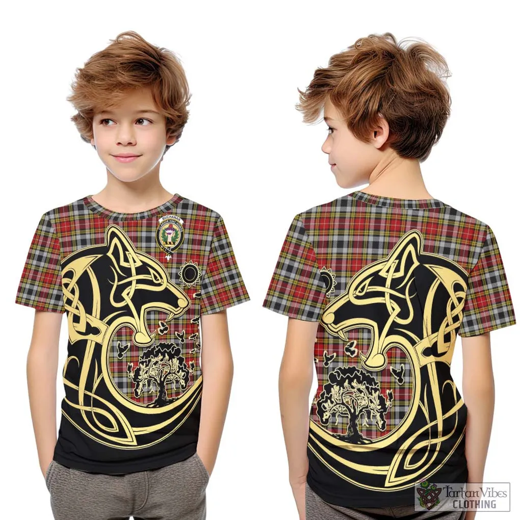 Buchanan Old Dress Tartan Kid T-Shirt with Family Crest Celtic Wolf Style