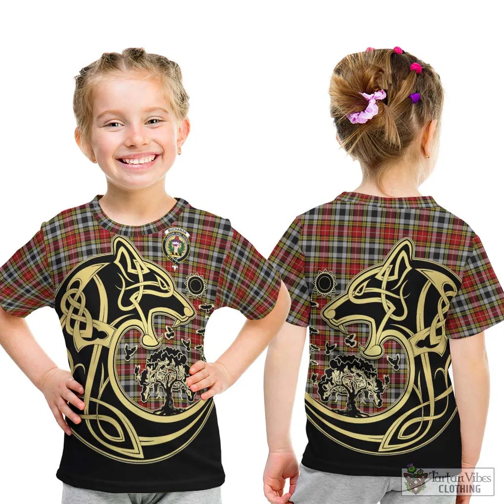 Buchanan Old Dress Tartan Kid T-Shirt with Family Crest Celtic Wolf Style