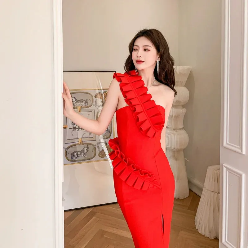 DOLLY Elegant Green Off Shoulder Tube Top High Waist Slit Dinner Dress-MEL