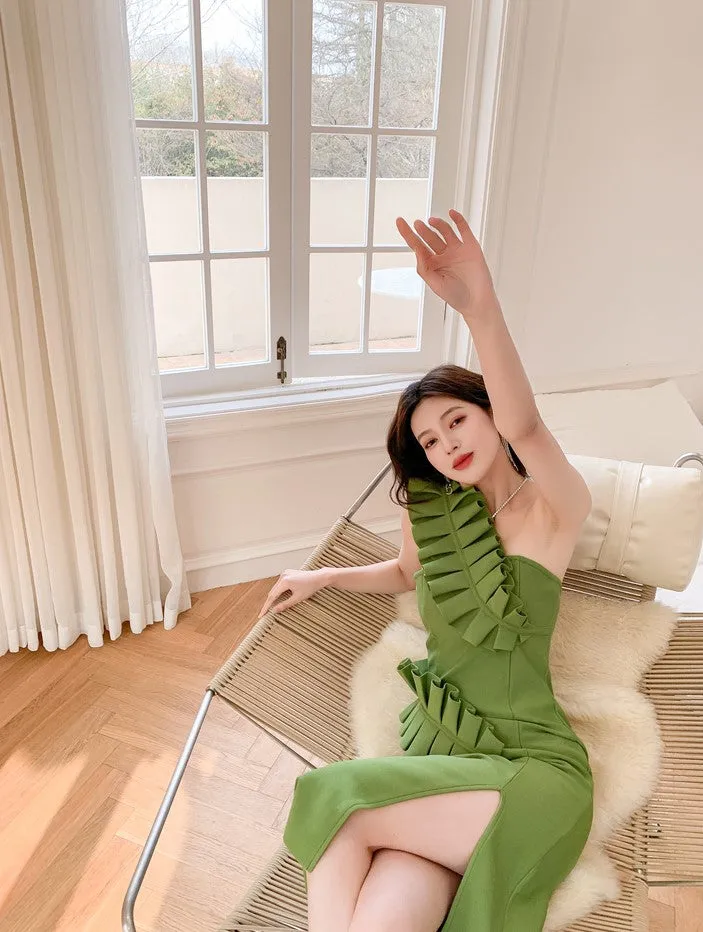 DOLLY Elegant Green Off Shoulder Tube Top High Waist Slit Dinner Dress-MEL