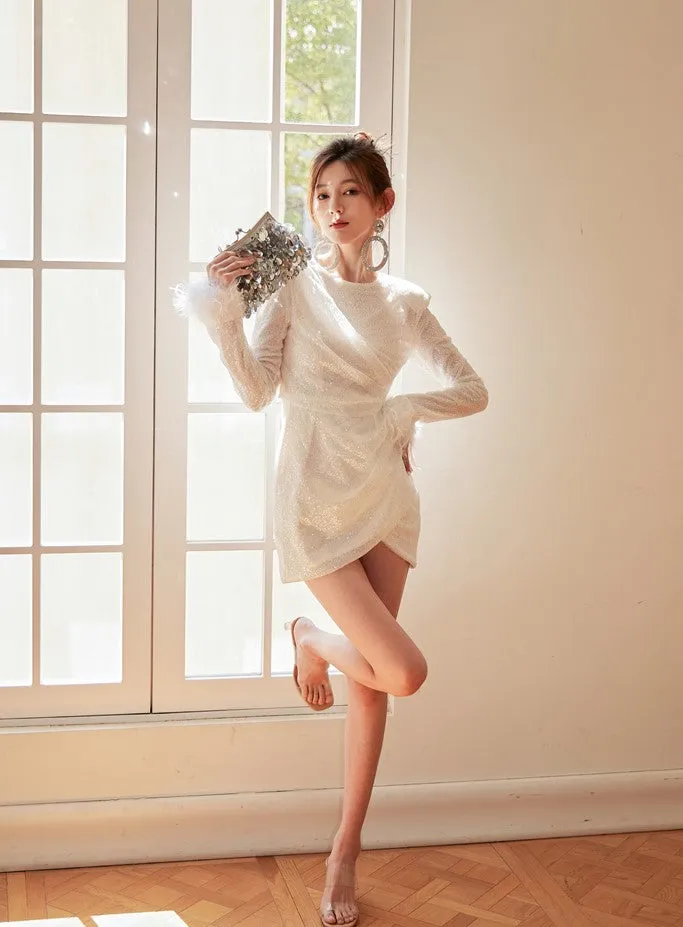 DOLLY Elegant White Crew Neck Long Sleeve Short Sequin Sexy Birthday Dress-LAYLA