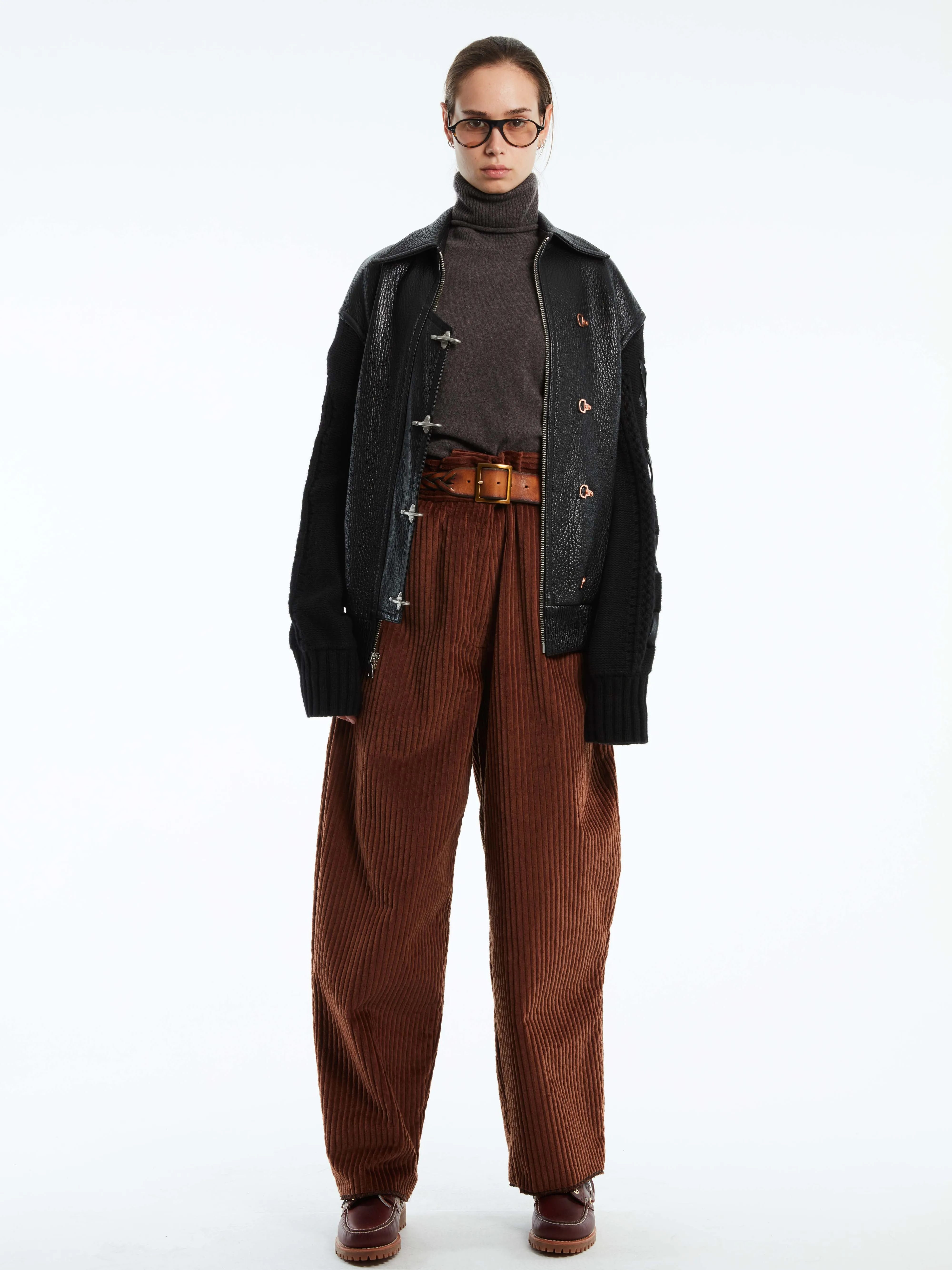 ELONGATED KNIT SLEEVE LEATHER COMBO BOMBER