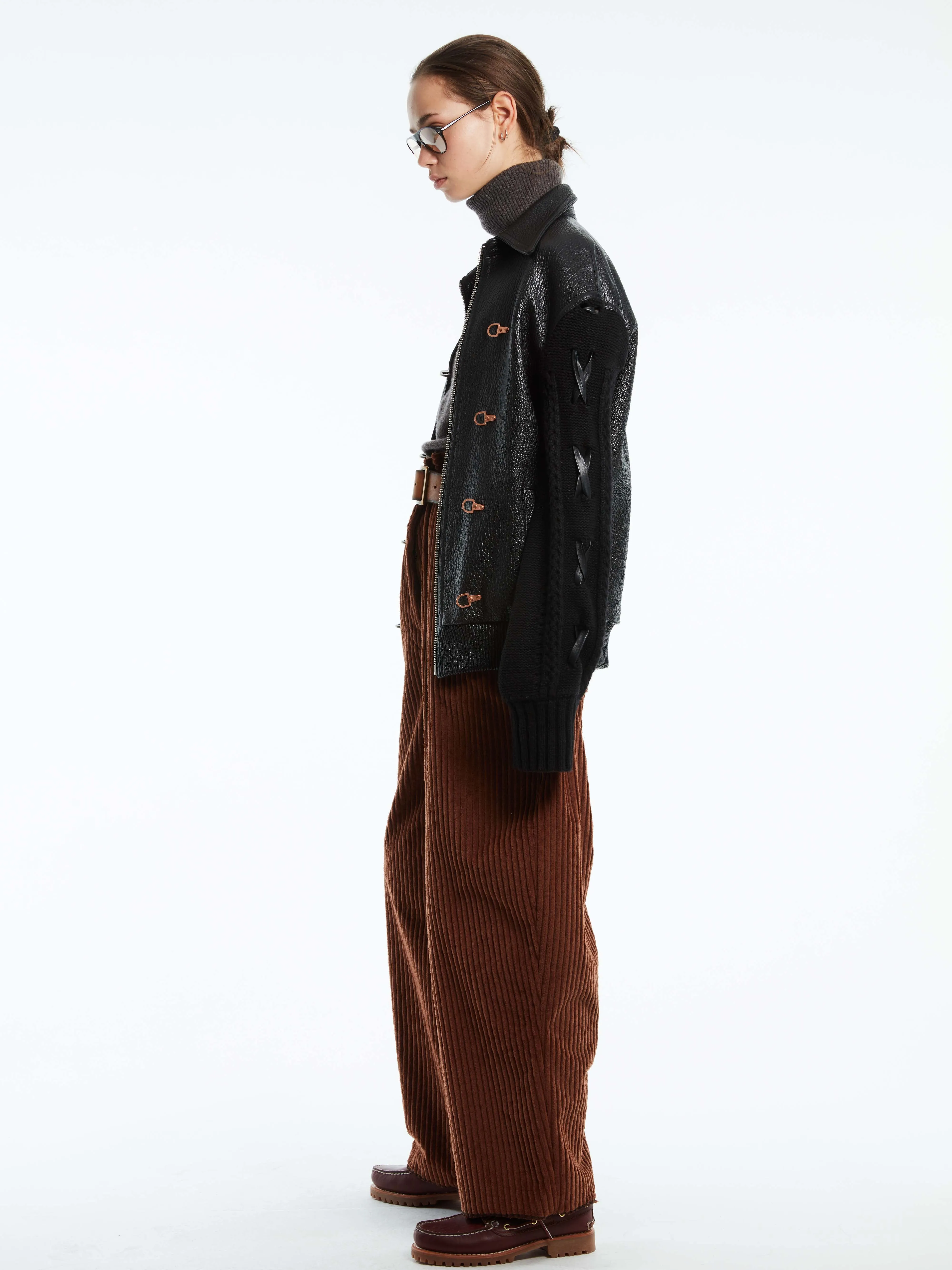 ELONGATED KNIT SLEEVE LEATHER COMBO BOMBER