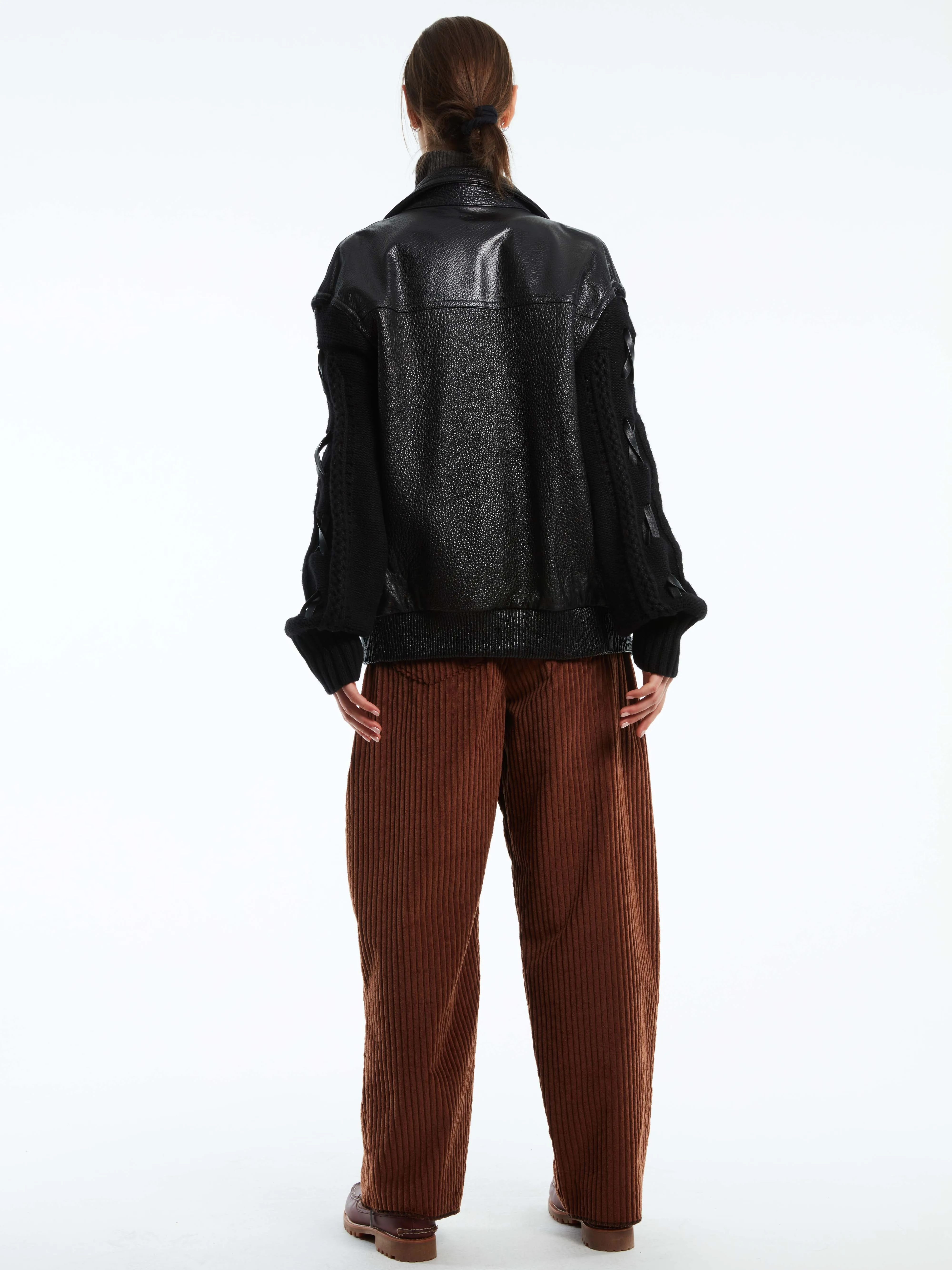 ELONGATED KNIT SLEEVE LEATHER COMBO BOMBER