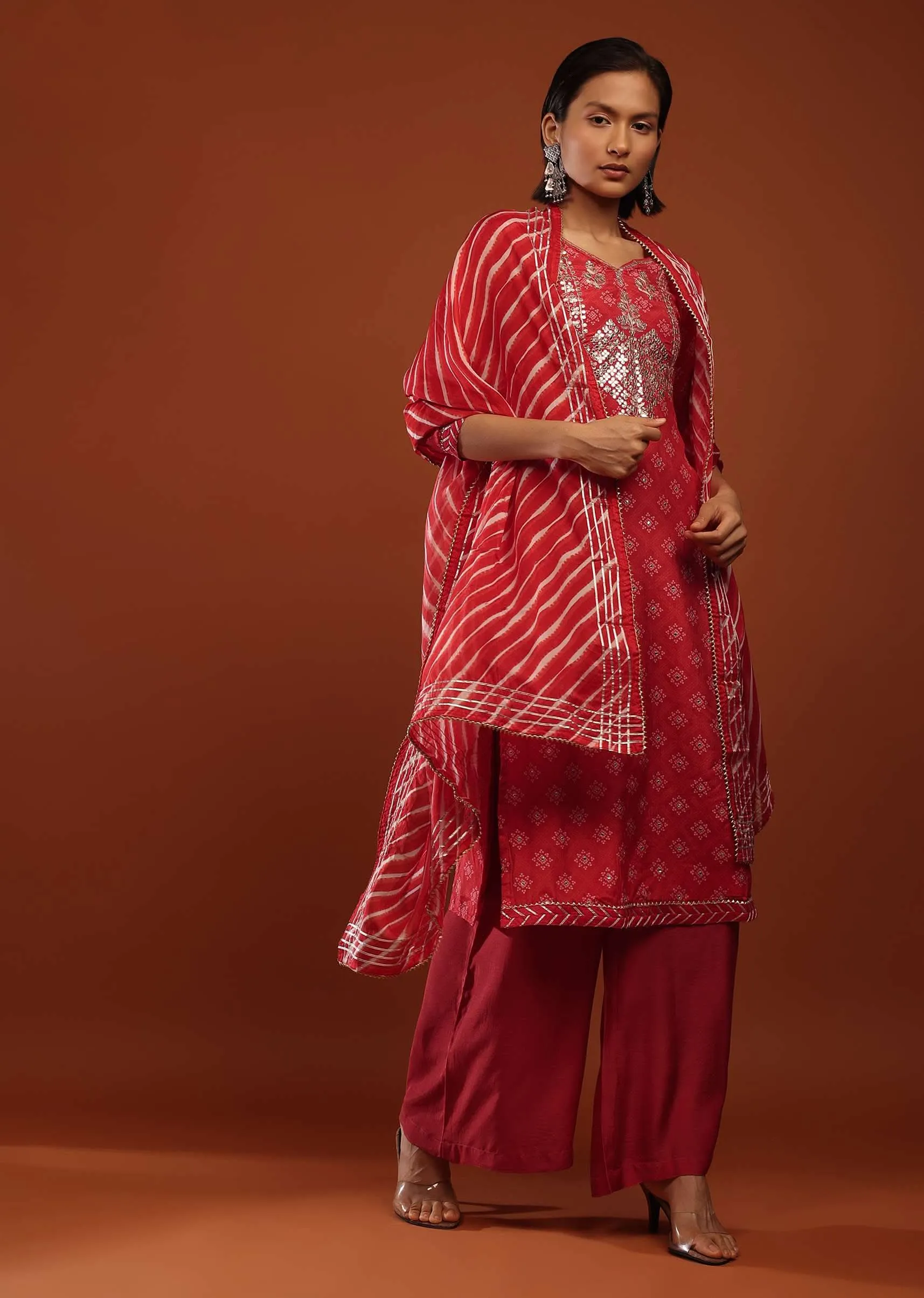 Fiery Red Straight Cut Palazzo Suit With Bandhani Print And Gotta Patti Embrodiered Yoke Design