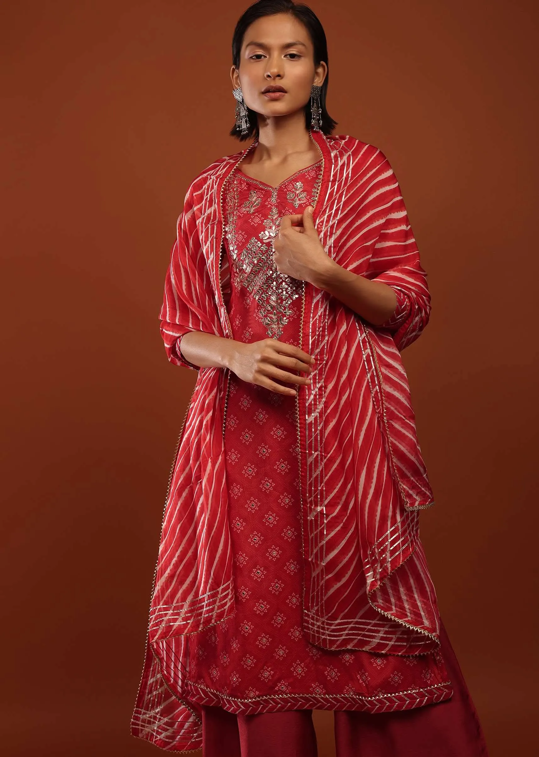 Fiery Red Straight Cut Palazzo Suit With Bandhani Print And Gotta Patti Embrodiered Yoke Design