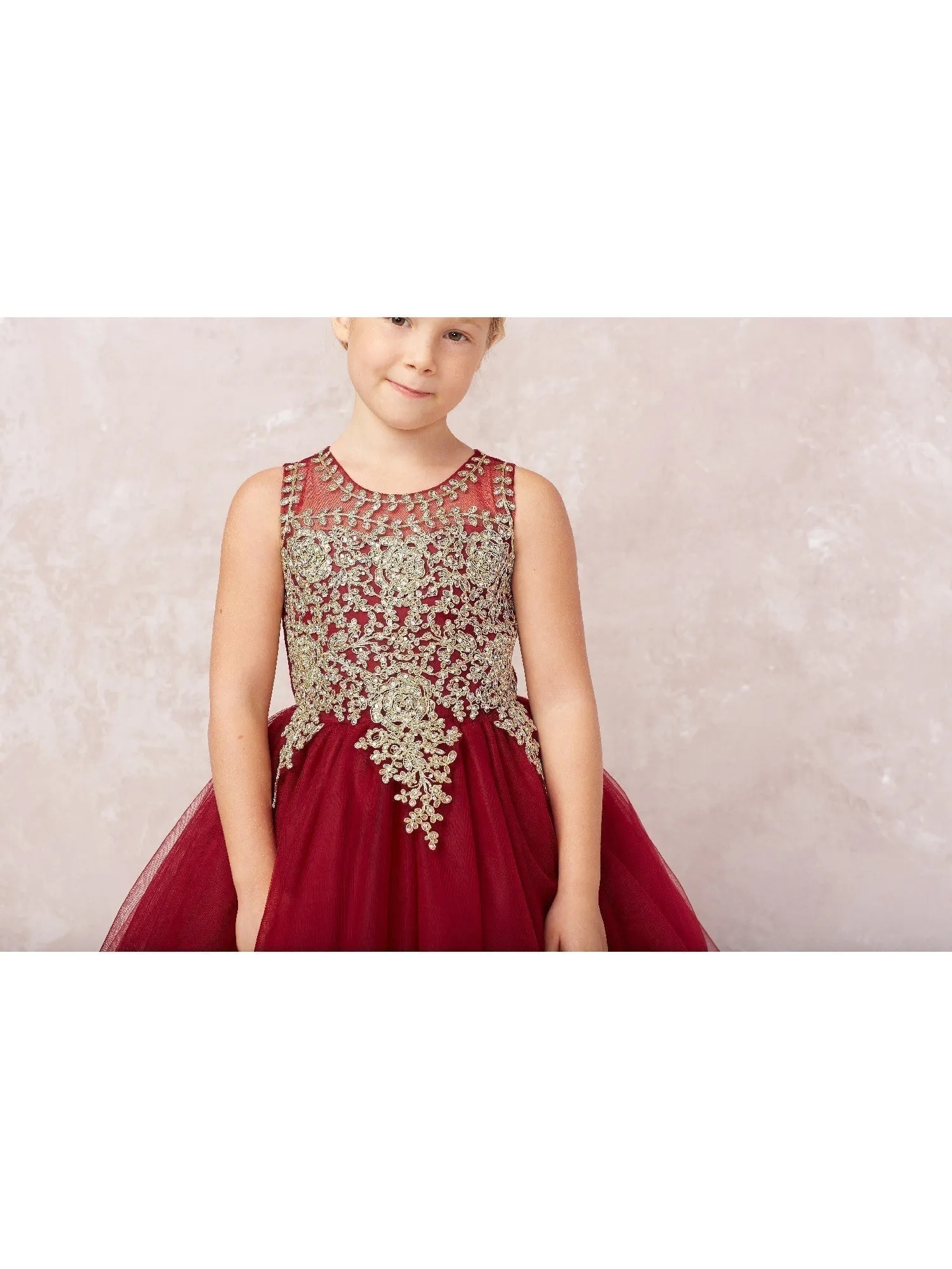 Little Girls Burgundy Gold Lace Tulle Short Pageant Dress 2-6