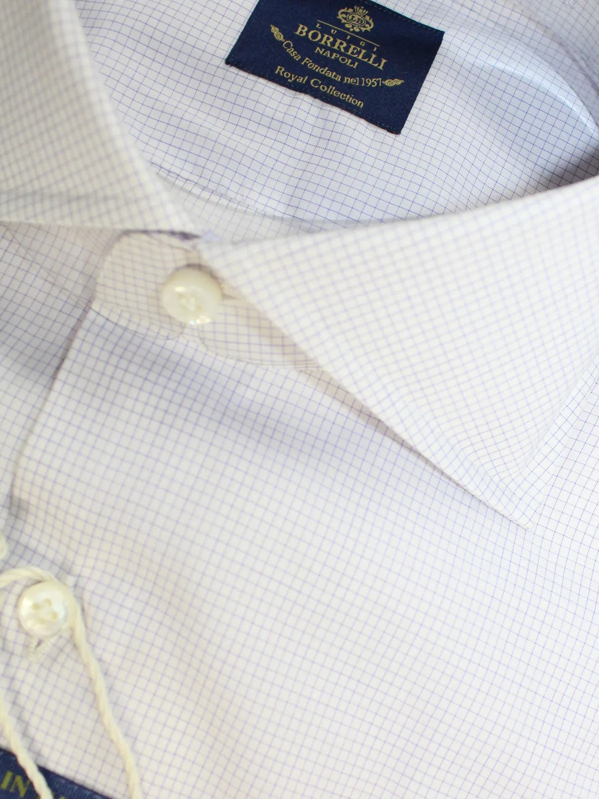 Luigi Borrelli Dress Shirt ROYAL COLLECTION White Purple Micro Check 38 - 15 SALE