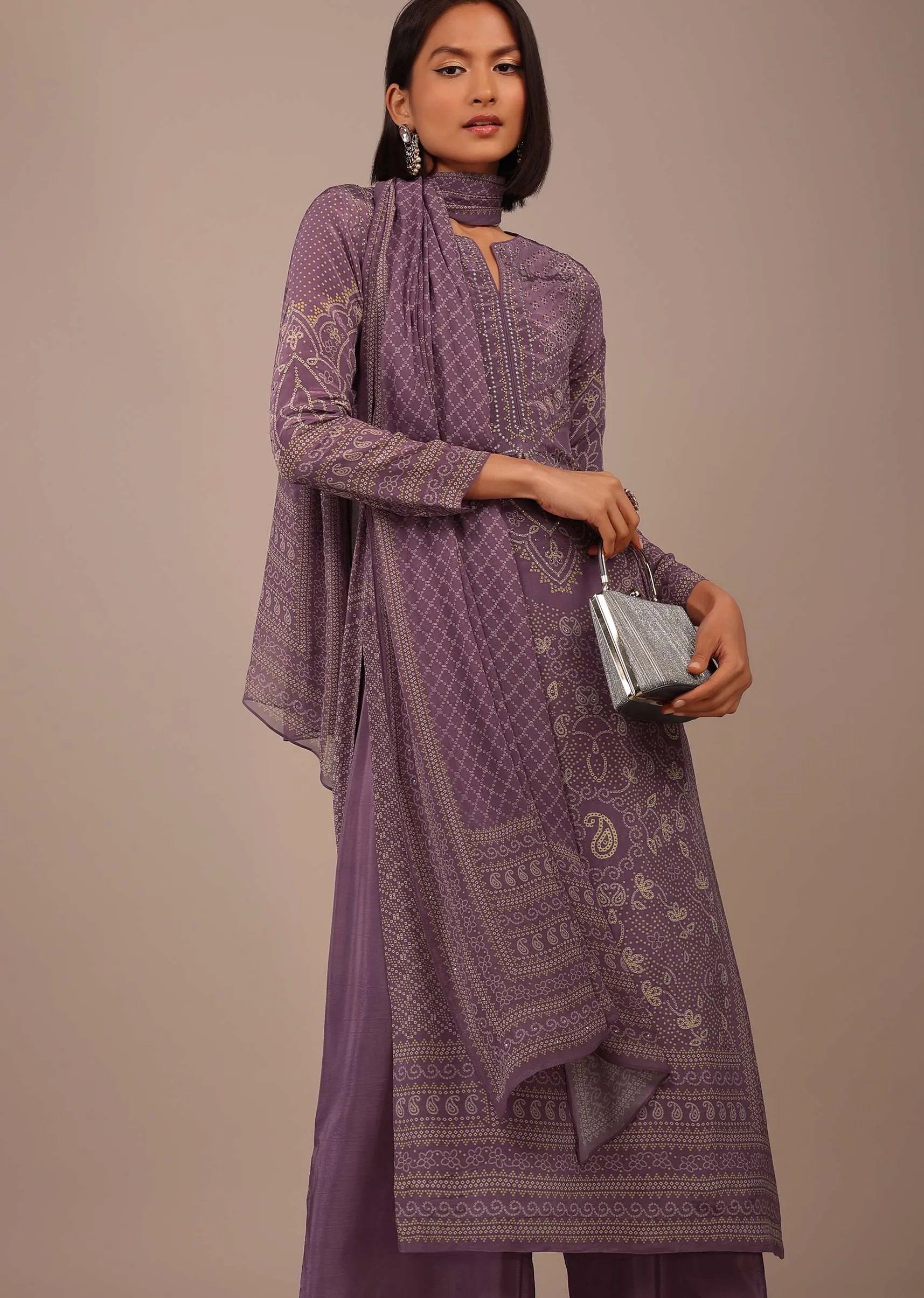 Mauve Purple Printed Palazzo Suit With Stonework In Crepe