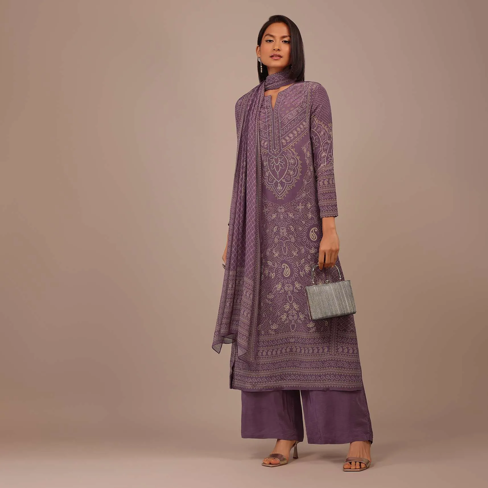 Mauve Purple Printed Palazzo Suit With Stonework In Crepe
