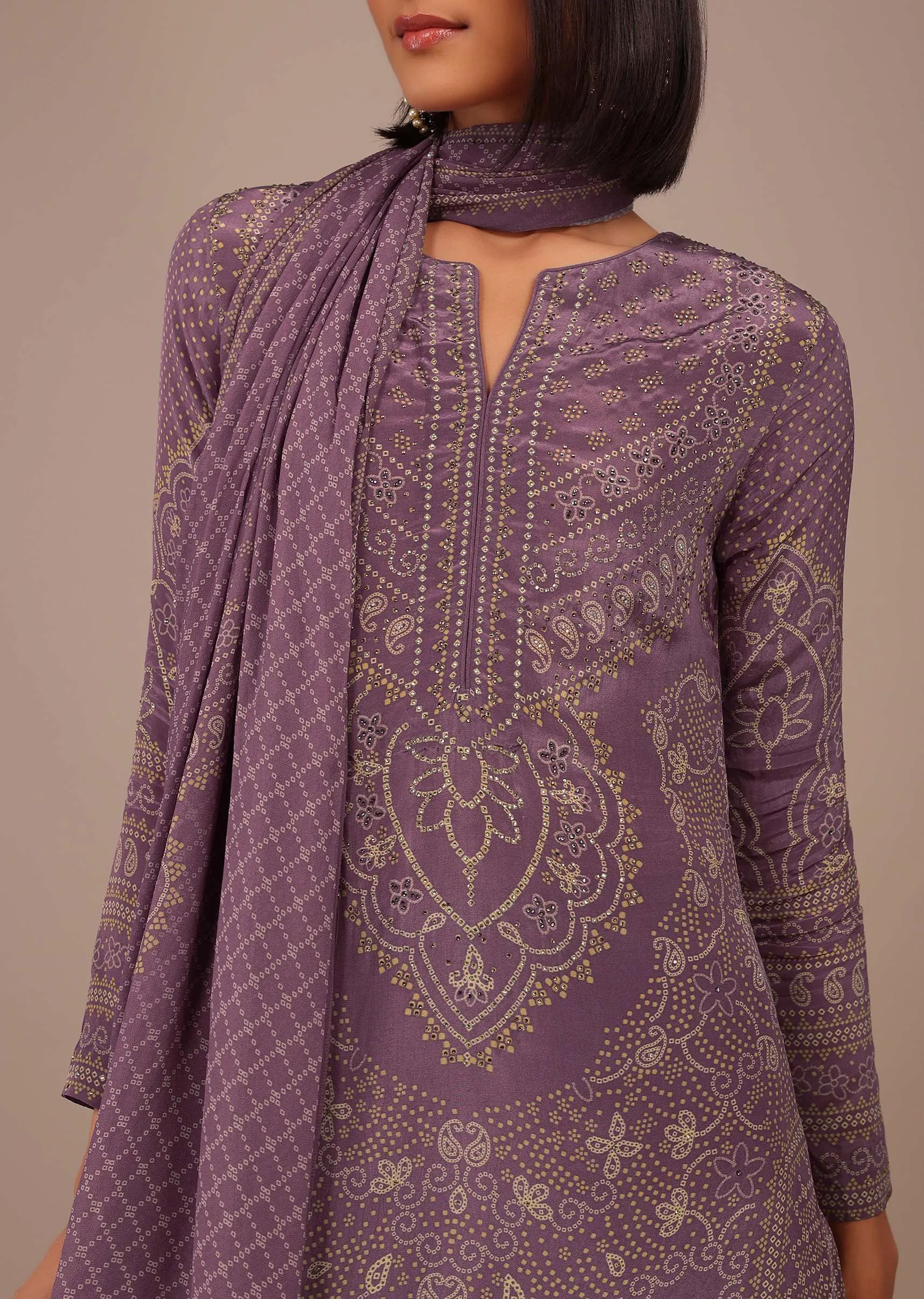 Mauve Purple Printed Palazzo Suit With Stonework In Crepe