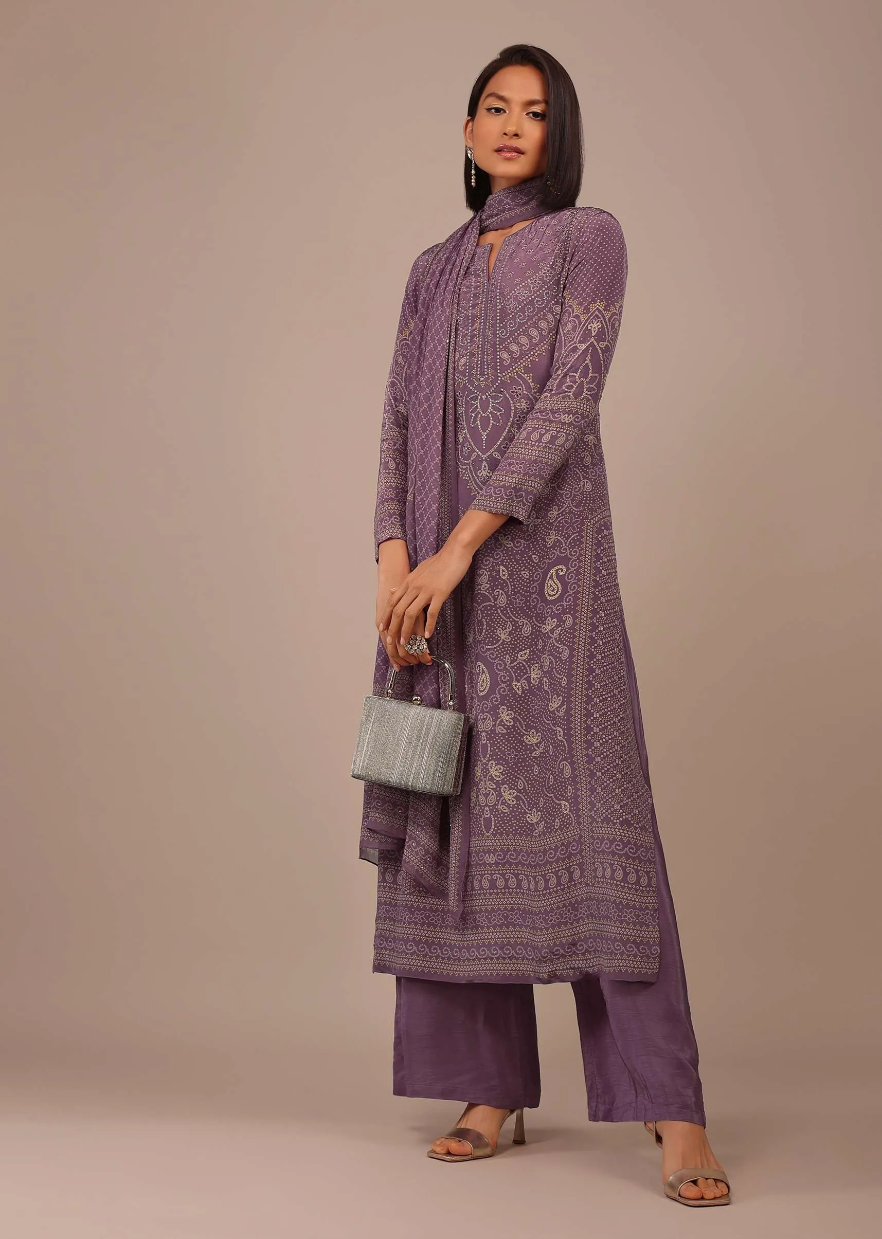 Mauve Purple Printed Palazzo Suit With Stonework In Crepe