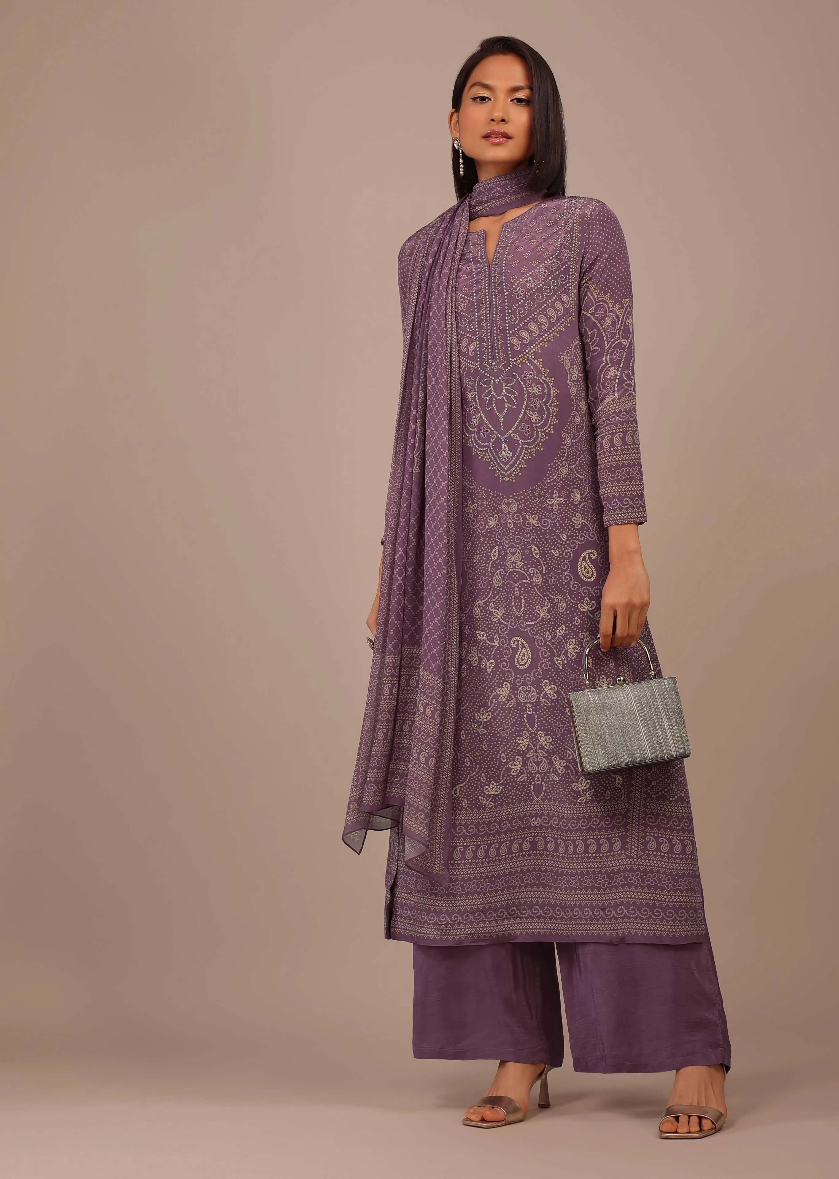 Mauve Purple Printed Palazzo Suit With Stonework In Crepe