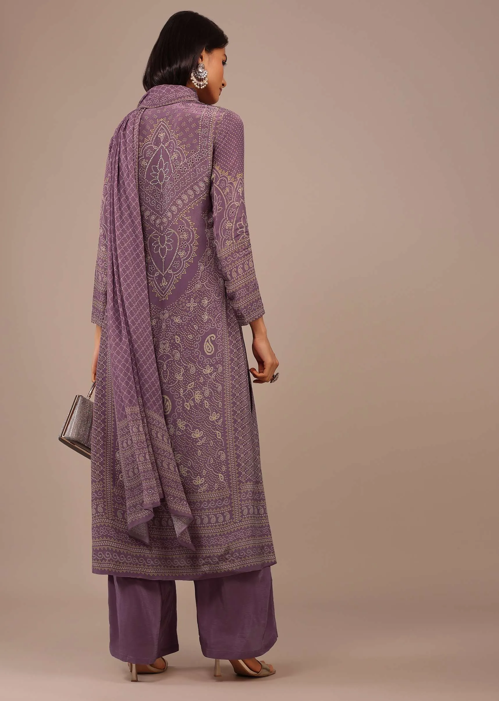 Mauve Purple Printed Palazzo Suit With Stonework In Crepe