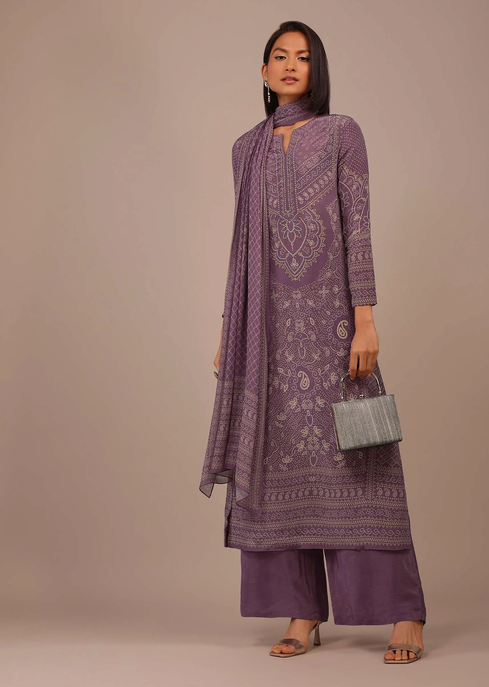 Mauve Purple Printed Palazzo Suit With Stonework In Crepe