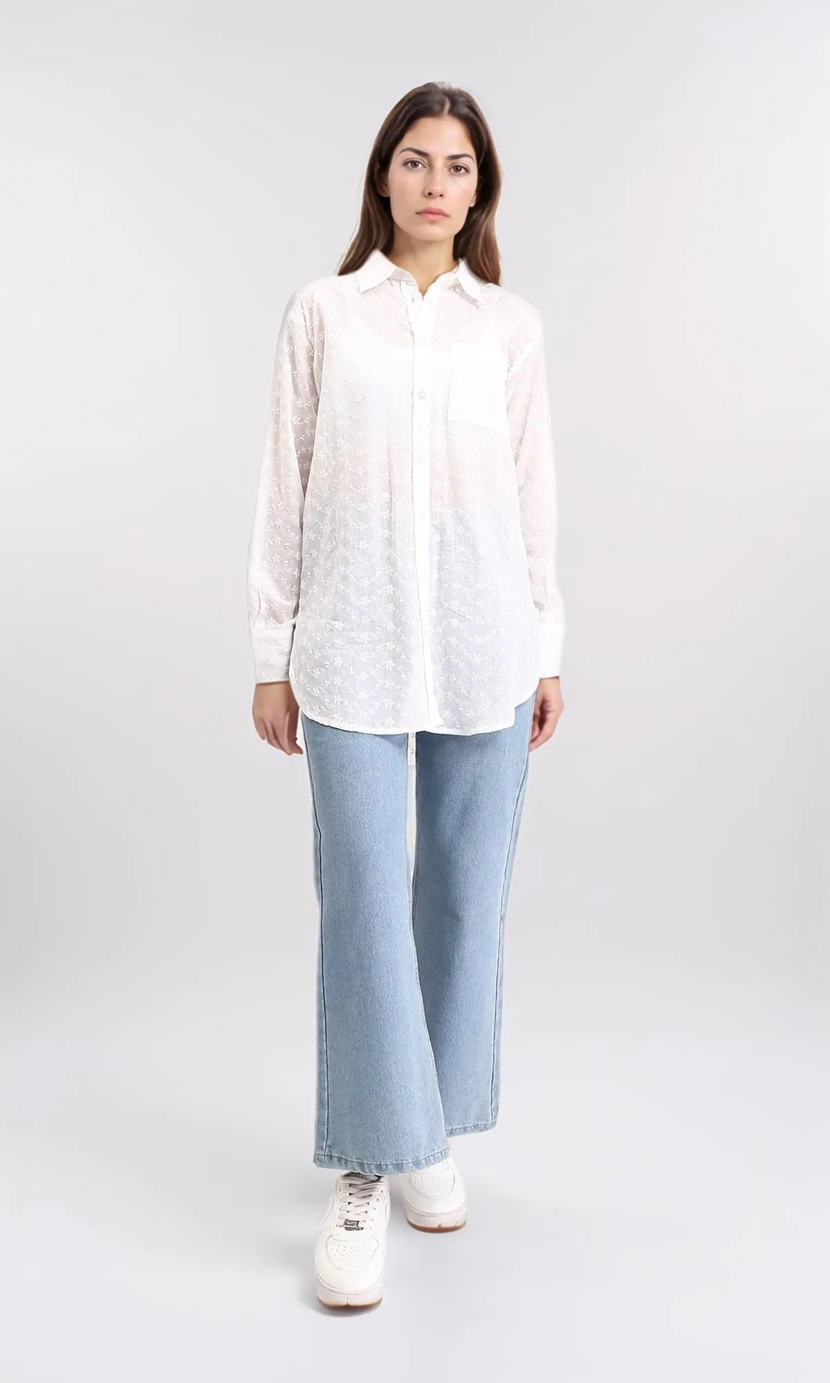 R209116 - Self Pattern Buttoned Long Shirt - White