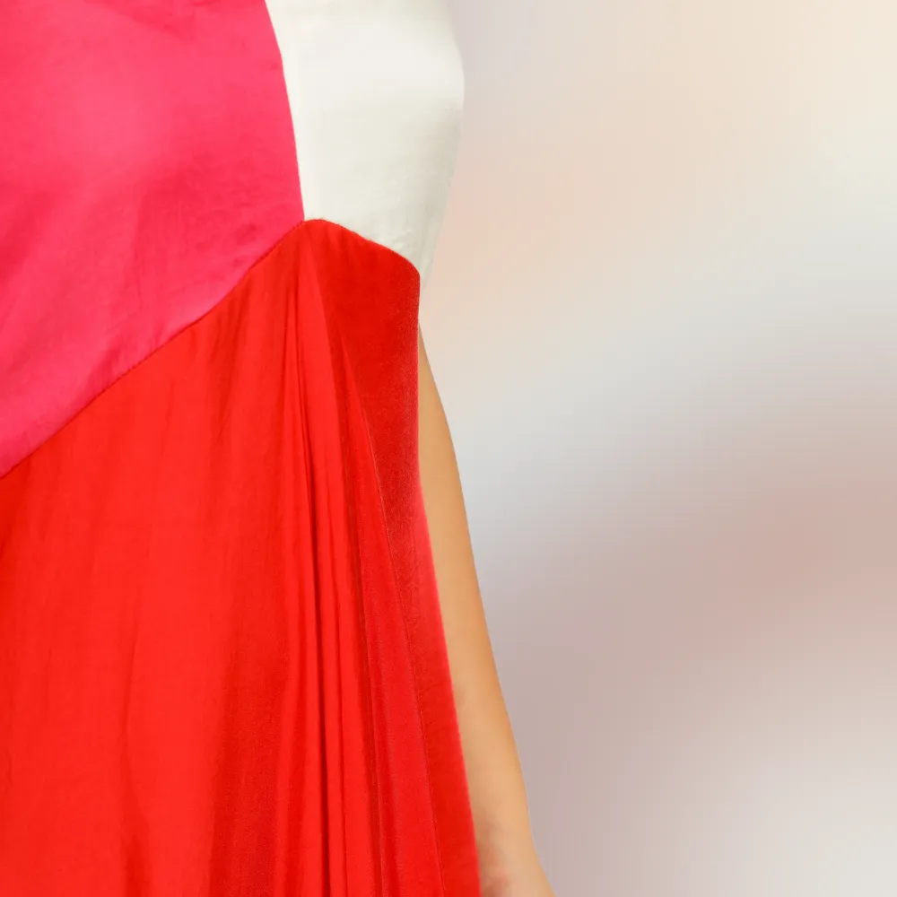 Red-Pink-Ivory Tri-Color Block Midi Dress | Bemberg Modal Silk