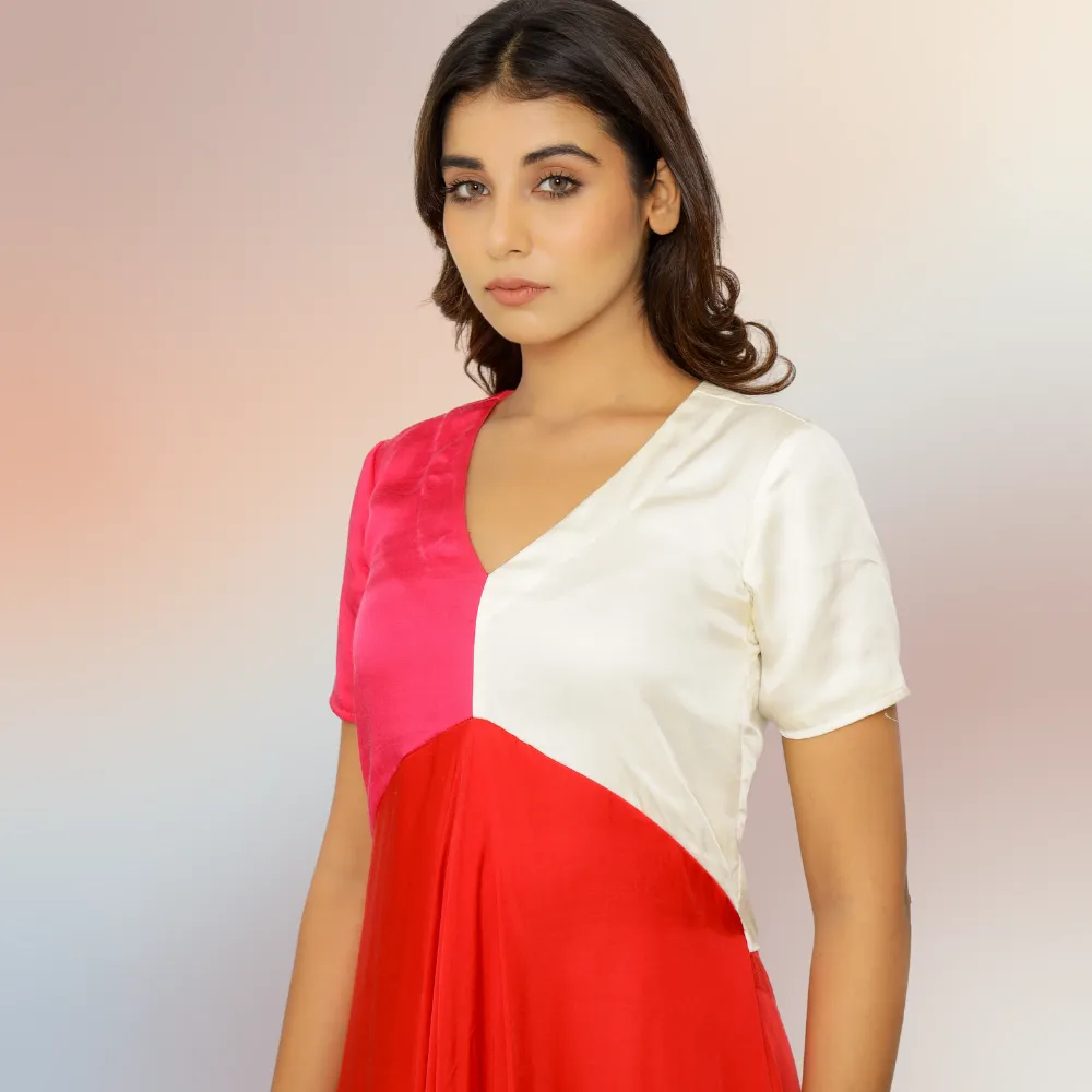 Red-Pink-Ivory Tri-Color Block Midi Dress | Bemberg Modal Silk
