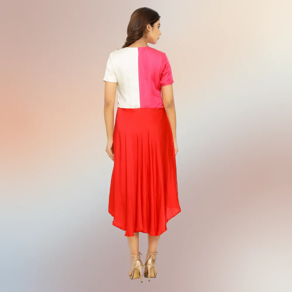 Red-Pink-Ivory Tri-Color Block Midi Dress | Bemberg Modal Silk