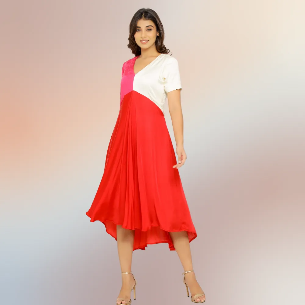 Red-Pink-Ivory Tri-Color Block Midi Dress | Bemberg Modal Silk