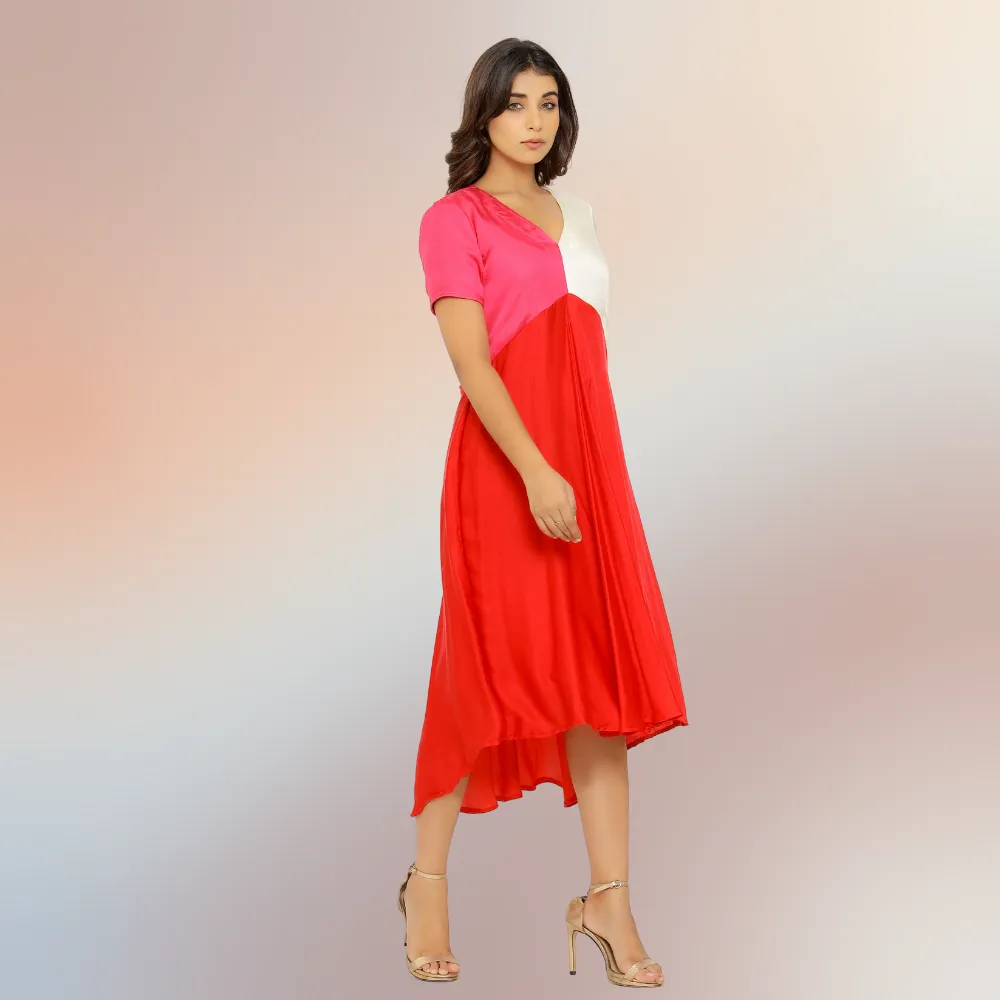 Red-Pink-Ivory Tri-Color Block Midi Dress | Bemberg Modal Silk