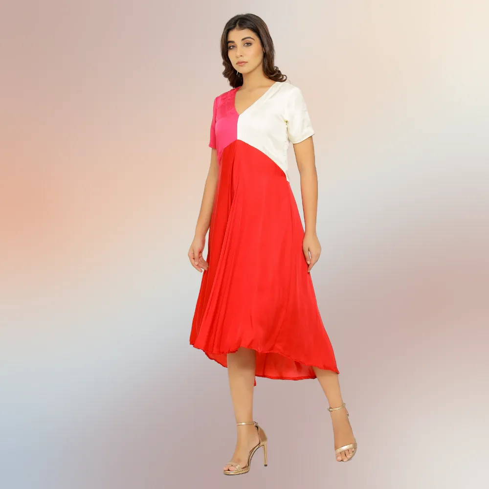 Red-Pink-Ivory Tri-Color Block Midi Dress | Bemberg Modal Silk