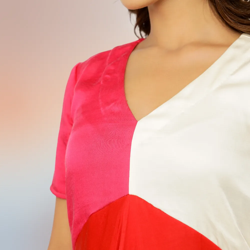 Red-Pink-Ivory Tri-Color Block Midi Dress | Bemberg Modal Silk