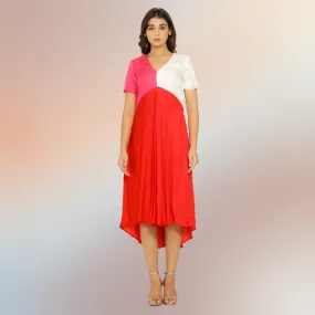 Red-Pink-Ivory Tri-Color Block Midi Dress | Bemberg Modal Silk
