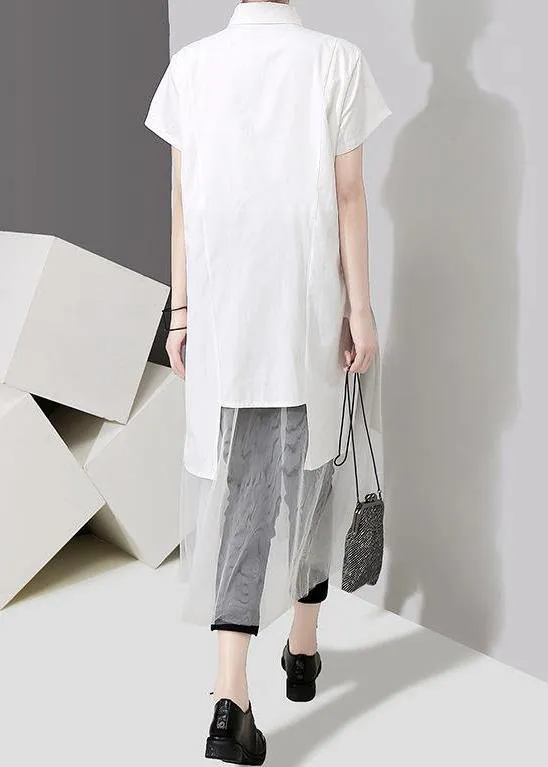 Style Cotton Long Shirts Century Summer Irregular Patchwork Mesh Short Sleeve Dress