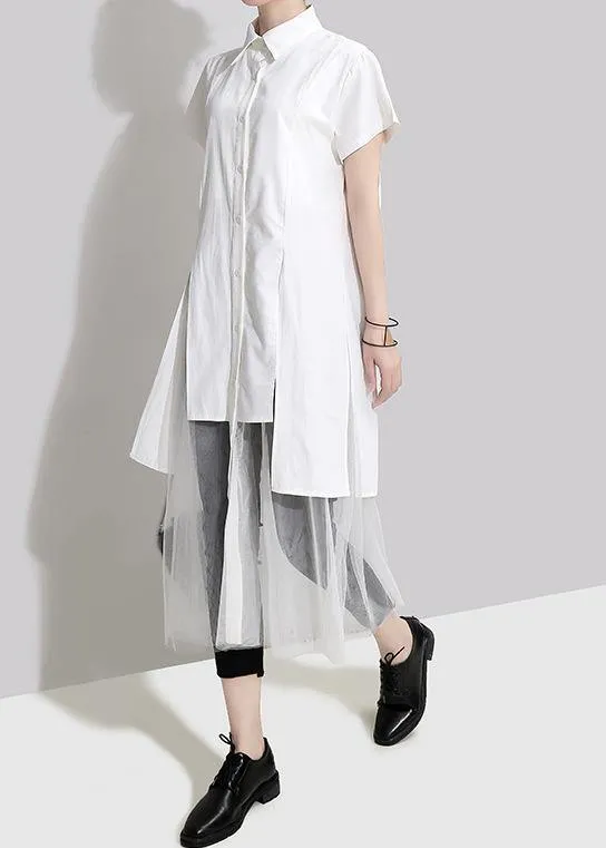 Style Cotton Long Shirts Century Summer Irregular Patchwork Mesh Short Sleeve Dress